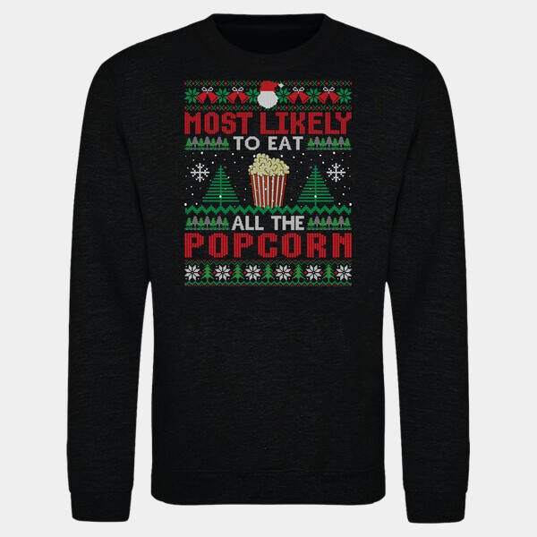 Vicces karácsonyi póló Most Likely to Eat All the Popcorn felirattal