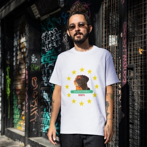 Politikai vicces póló férfi fehér demokrácia betöltve EU csillagok